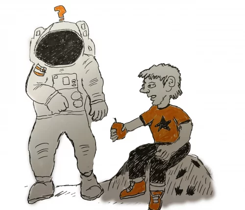 Illustration for First showing the fictional Mr Brown speaking to a confused spaceman